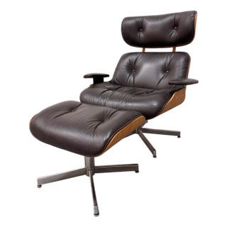 Mid Century Modern Eames Style Lounge Chair and Ottoman, Brown Leather and Oak c.1960’s For Sale