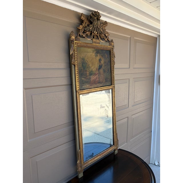 French Provincial Late 19th Century French Louis XVI Giltwood Trumeau Mirror With Figural Oil Painting For Sale - Image 3 of 13