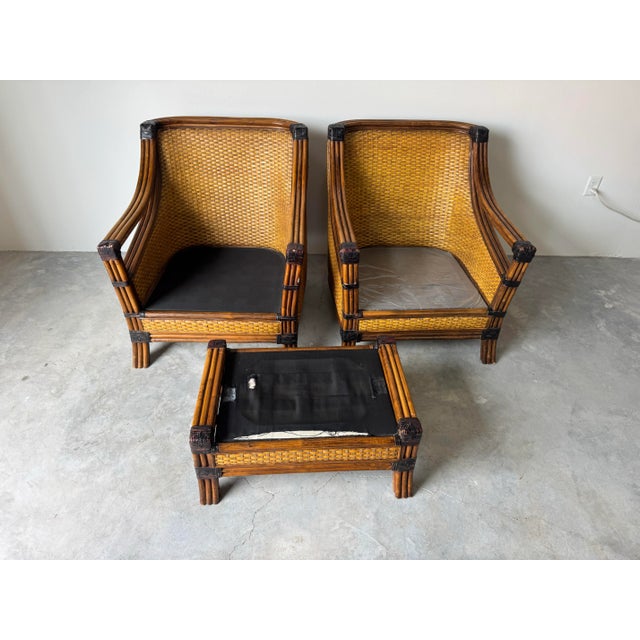 SOLDModern Mandalay Coastal Organic Rattan and Leather Lounge Chairs With Ottoman – Set of 3 For Sale In Miami - Image 6 of 12