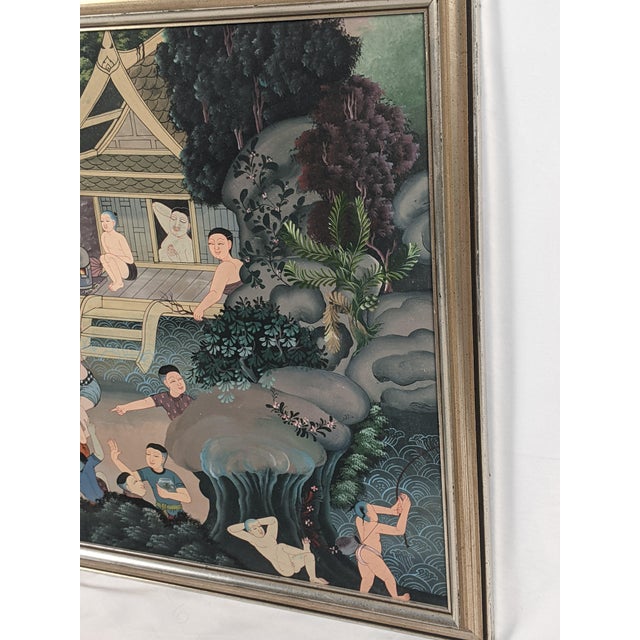 Late 20th Century Southeast Asian Folk Art Village & Riverside Narrative Painting on Canvas For Sale - Image 10 of 12