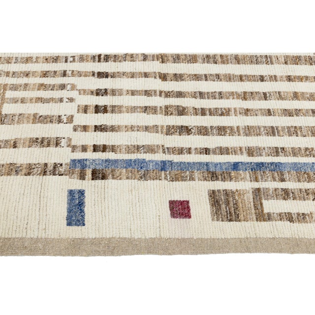 Beige Modern Moroccan Style Handmade Wool Rug With Abstract Stripe Design For Sale - Image 10 of 12
