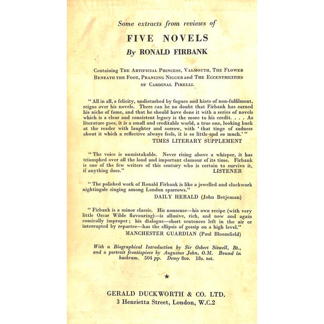 FIRBANK, Ronald Born in London, the son of a wealthy businessman, Ronald Firbank was educated at Uppingham and Cambridge...