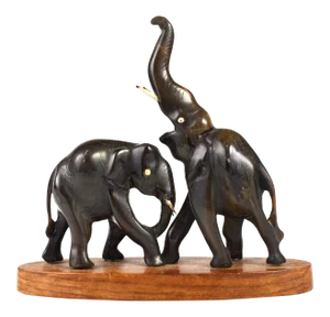 Vintage Hand Carved Buffalo Horn Elephant Figurine on Wooden Base