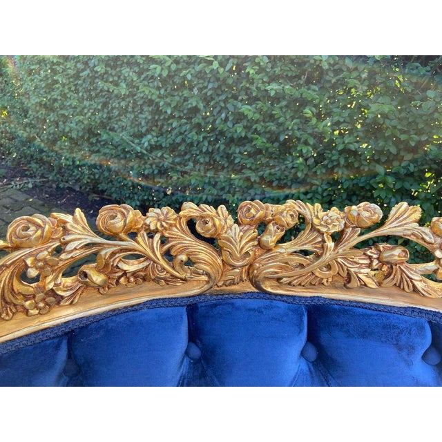 1980s French Louis XVI Blue Gold Beech Velvet Settee For Sale - Image 10 of 14
