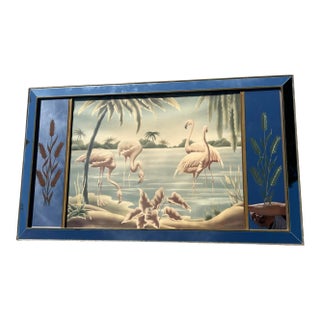 Vintage Art Deco Mid Century Rare Turner Wall Mirror Flamingo Art Painting 1940s Lithograph For Sale