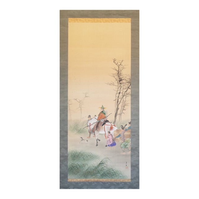 XL "Samurai" by Kogyoku, Meiji Era Japanese Silk Scroll Painting For Sale