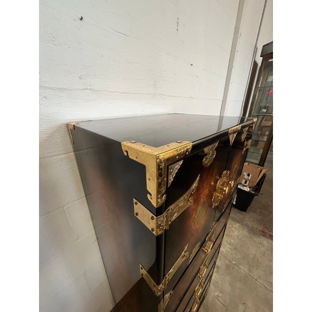 Wood Korean Asian Bandaji Lingerie Chest Brass Butterfly Hardware For Sale - Image 7 of 11