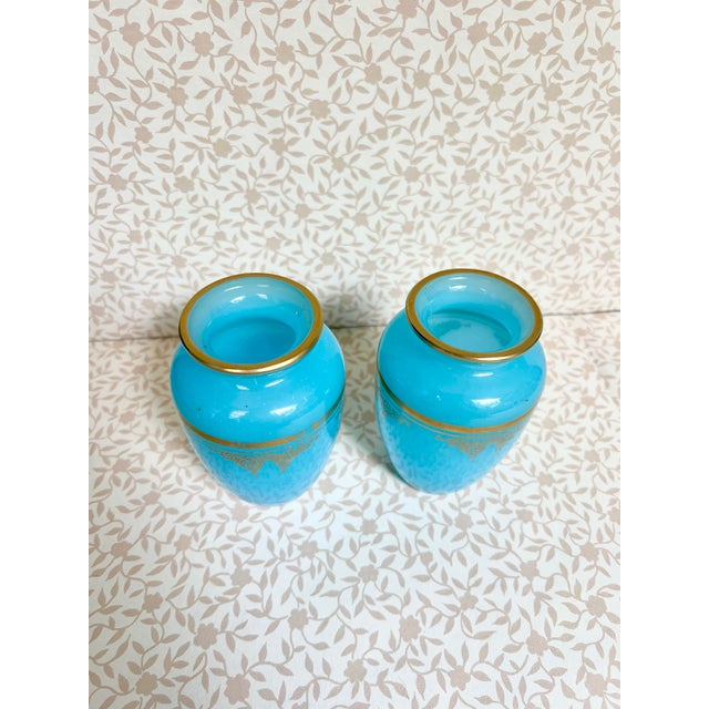 Mid 20th Century Pair of Baccarat Blue Opaline Agate Bud Vases With Gold Gilt For Sale - Image 5 of 6