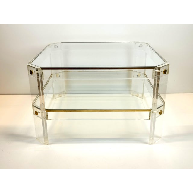Metal Mid-Century Modern Octagonal Acrylic Glass and Brass Coffee Table in the style of David Lange, 1970s For Sale - Image 7 of 10