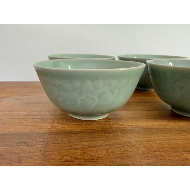 Vintage Chinese Celadon Rice Bowls With Lotus and Carp Motif - Set of 4 For Sale - Image 4 of 8