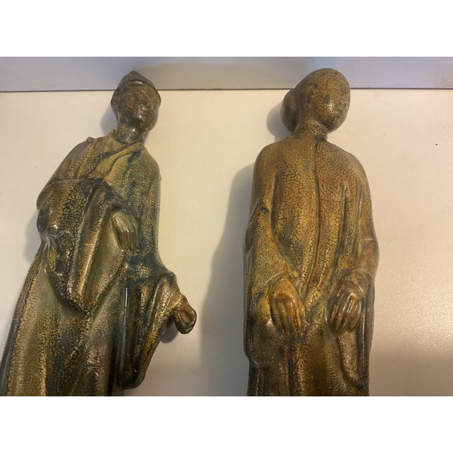 Pair of Vintage/Antique Ceramic Asian Scholar Figures on Pedestal Bases Set of 2 For Sale - Image 4 of 18