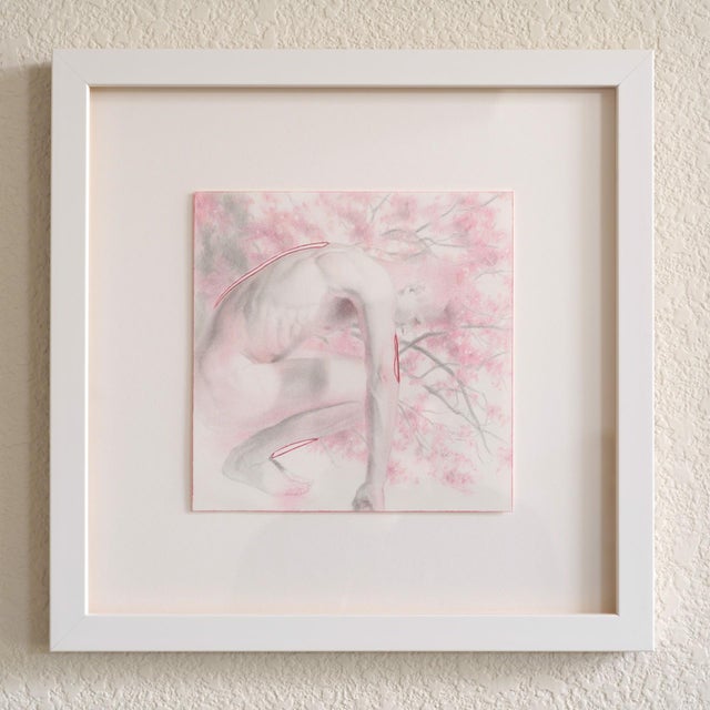 This artwork features a solitary figure in a crouched position, rendered in soft graphite and oil pencil, which creates a...