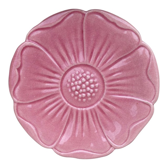French Mid-Century Majolica Pink Flower Plate Charolles For Sale