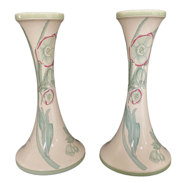 Pair of Halcyon Days Candlesticks Green Hellebores Design From 1915 Mackintosh Drawing For Sale