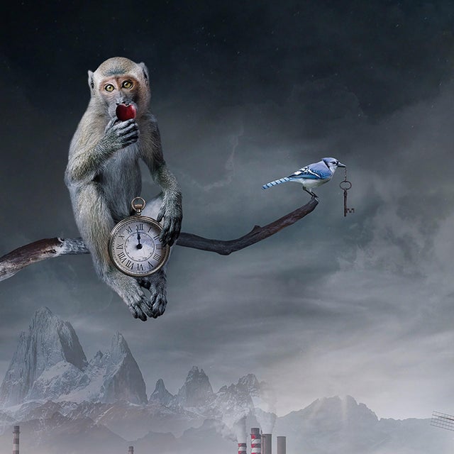 In "Twilight," a surreal landscape unfolds, featuring a blend of wildlife and a vintage vehicle that evokes a sense of...