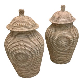 Pair of Rattan Ginger Jars For Sale