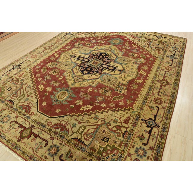 Tribal Serapi Rug 9'1'' X 12'2'' Red Wool Tribal Hand-Knotted Oriental Carpet For Sale - Image 3 of 12