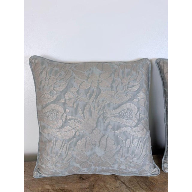 Fortuny Cotton Damask Throw Pillows, Venetian Floral Motif, Aqua & Silver Pair For Sale - Image 4 of 10