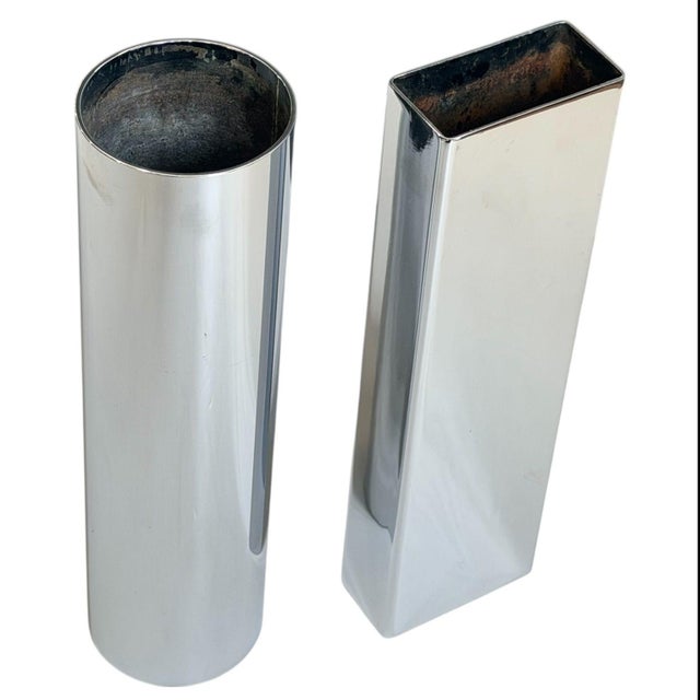 Pair Chrome Geometric Vases, 1980’s. Original excellent condition. Rectangular vase measures 11.25” tall 3.25” wide 1.5”...