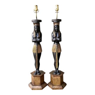 Vintage Monumental Ebonized Pharaoh Table Lamps - A Pair For Sale