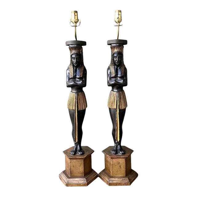 Vintage Monumental Ebonized Pharaoh Table Lamps - A Pair For Sale