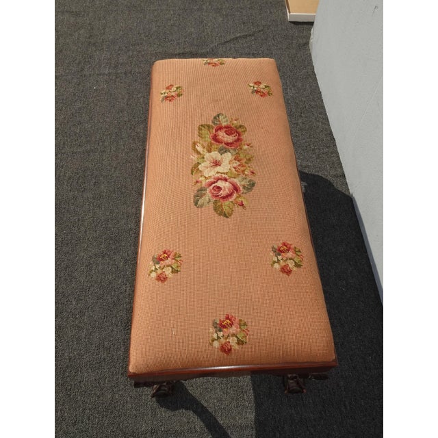 Wood Vintage French Provicial Floral Needlepoint Tapestry Bench W Ball & Claw Feet For Sale - Image 7 of 13