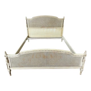 Vintage French King Size Bed Frame with Cane Panel and Carved Headboard For Sale