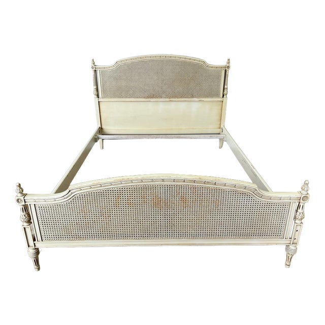 Vintage French King Size Bed Frame with Cane Panel and Carved Headboard For Sale