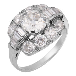 1930s Art Deco Old European Cut Diamond Platinum Engagement Ring, Size 4 For Sale