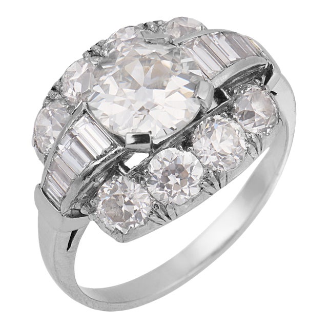 1930s Art Deco Old European Cut Diamond Platinum Engagement Ring, Size 4 For Sale