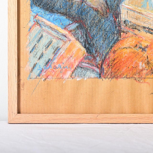 Orange French Vintage Framed Pastel Drawing of a Farmer's Market For Sale - Image 8 of 10