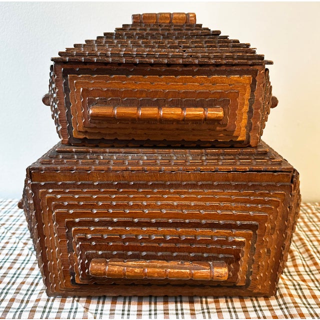 Folk Art Early 20th Century Tramp Art Box With Hinged Lid and Pull-Out Drawer For Sale - Image 3 of 10