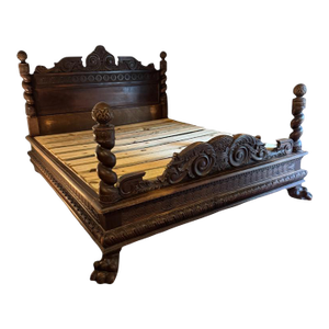Antique Carved Italian Walnut Clawfoot European Queen Sized Bed