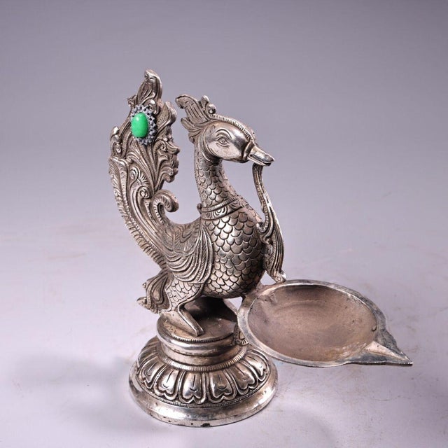 Silver-Plated Phoenix Oil Lamp With Gemstone Inlay, 845g, Figural Bird Ewer For Sale - Image 4 of 9