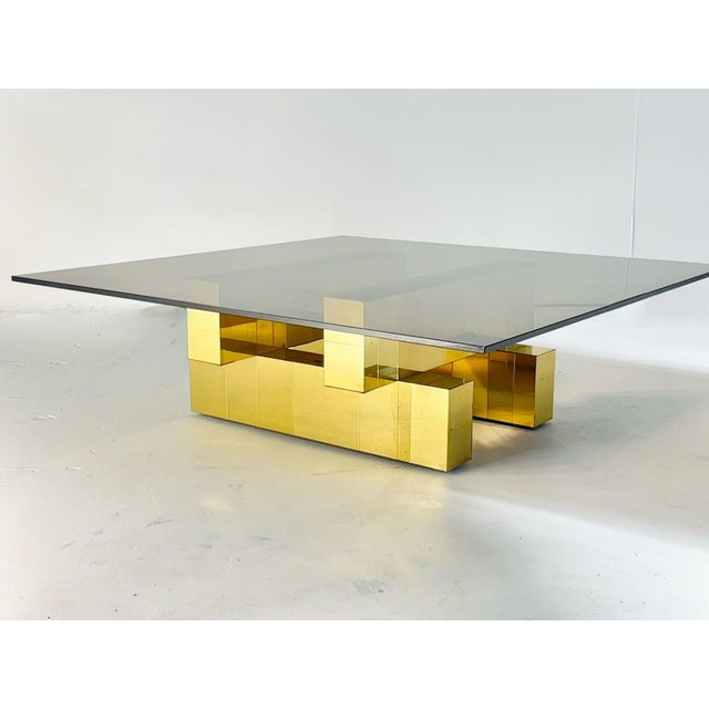 Paul Evans Cityscape Brass Coffee Table with Smoked Glass, 1970’s. Original beautiful patchwork design. Measures Base...