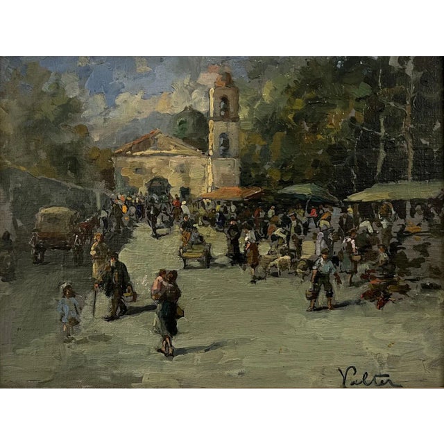 This work of art depicts a bustling market scene, brimming with life and movement. The dynamic composition immediately...