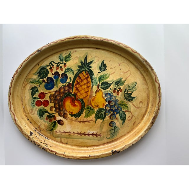 Folk Art Vintage Folk Art Oval Tole Tray With Fruit For Sale - Image 3 of 7