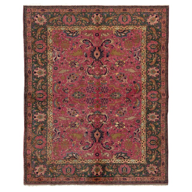 Hand-Knotted Antique Indian Agra Rug in All Over Pink, Green Hunting Pictorial For Sale In New York - Image 6 of 6