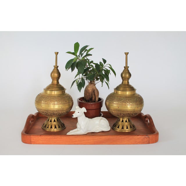Pair of vintage etched cast brass Asian Philippine wedding vessels or urns. Over all age wear. Oxidation, patina and...