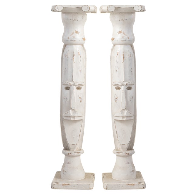 Anthropomorphic Brutalist Columns or Supports in White Patinated Wood. Spain, 1970s, Set of 2 For Sale