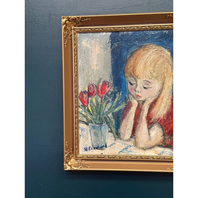 Original Swedish Oil on Canvas – “Girl in Thought ” by Alf Forslund – Signed – Second Half of the 20th Century – Vintage &...