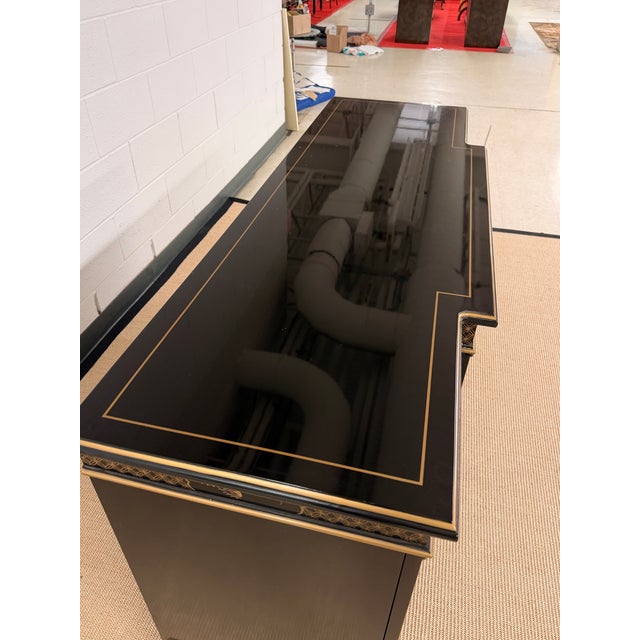 Drexel Heritage Black Lacquer Hand Painted Chinoiserie Credenza From Drexel Heritage For Sale - Image 4 of 12