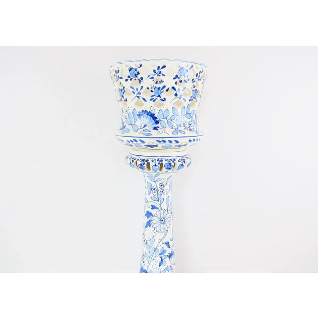 Mediterranean Vintage 1970s Spanish Ceramic Blue & White Reticulated Jardiniere Planter on Pedestal For Sale - Image 3 of 12