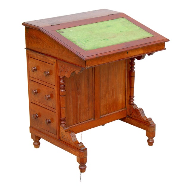 Antique 1860s Victorian Walnut Davenport Writing Desk English Slant Front Secretary With Original Green Baize Top For Sale