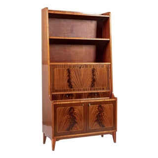 Scandinavian Modern Figured Mahogany Secretary Bookcase Cabinet 1960s For Sale