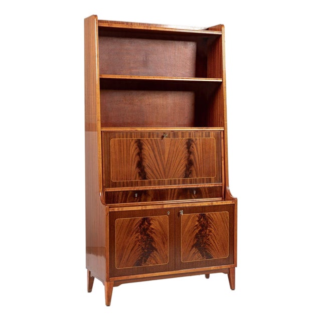 Scandinavian Modern Figured Mahogany Secretary Bookcase Cabinet 1960s For Sale