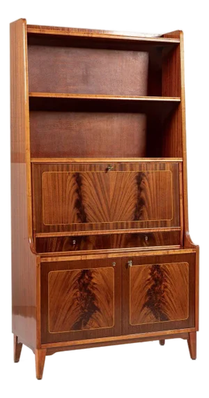 Scandinavian Modern Figured Mahogany Secretary Bookcase Cabinet 1960s
