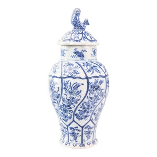 Antique Chinoiserie Dutch Delft Faience Floral Lidded Vase Ginger Jar For Sale