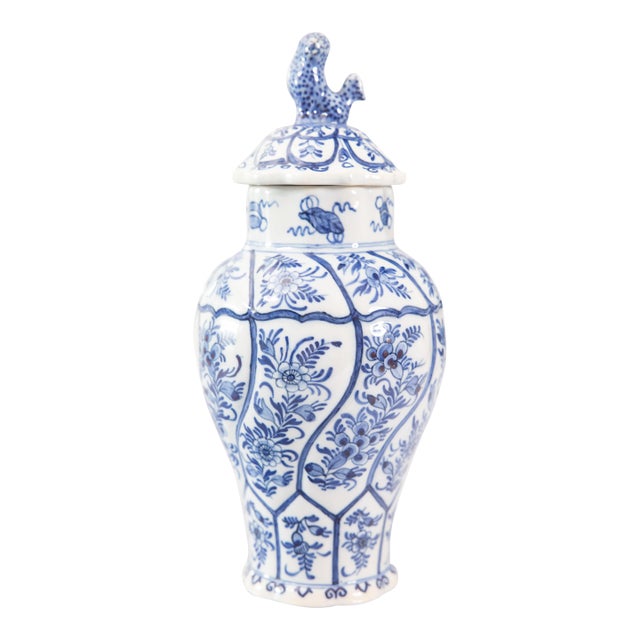 Antique Chinoiserie Dutch Delft Faience Floral Lidded Vase Ginger Jar For Sale