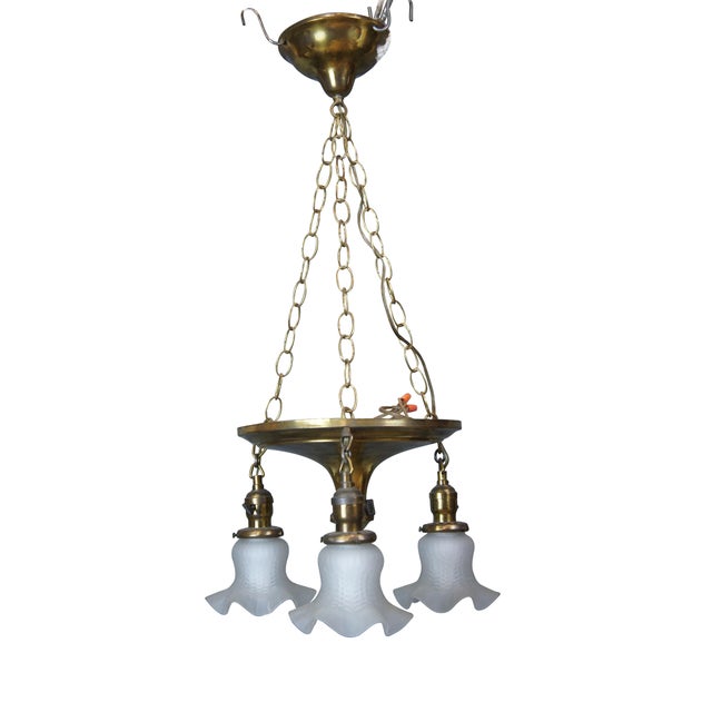 Victorian Antique Victorian Brass Ruffled Glass 3 Light Parlor Pendant Light Chandelier For Sale - Image 3 of 13